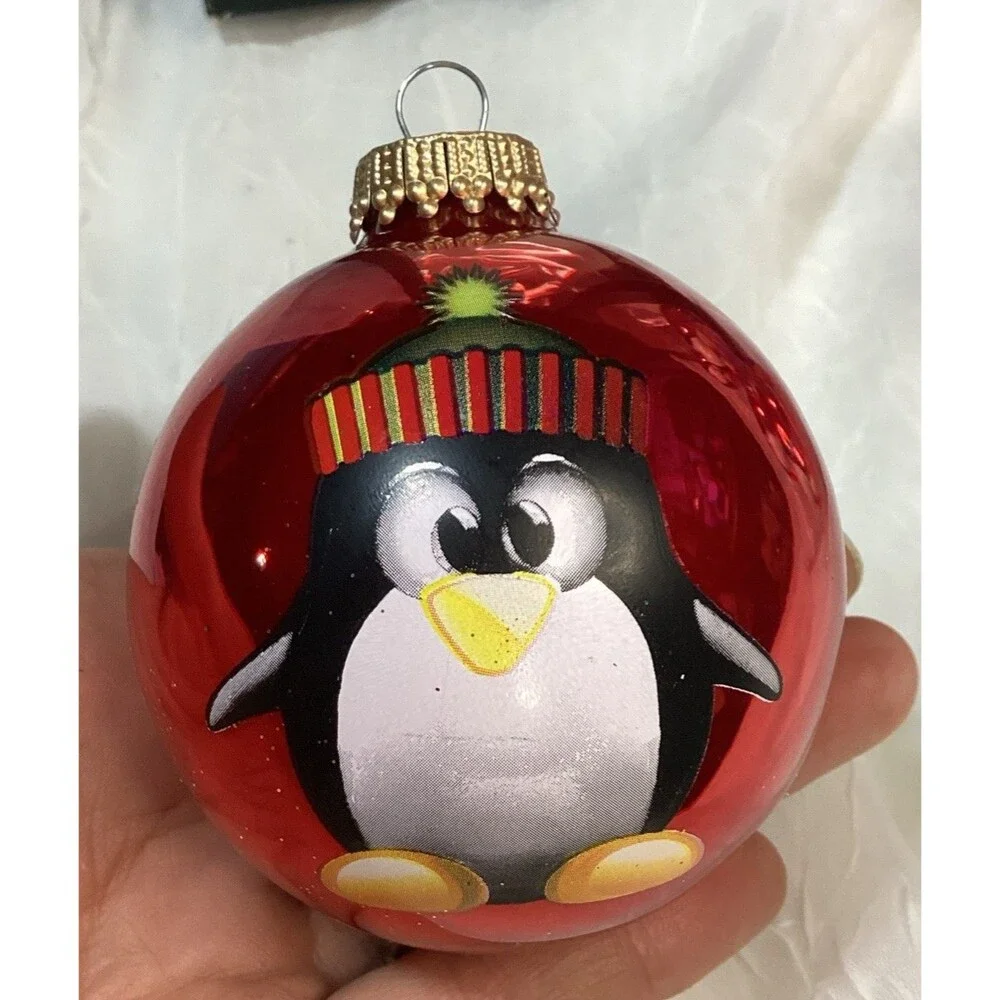 Krebs Glass Ornaments 8 Candy Apple Red Balls With Stocking Cap Penguin 2 Boxes